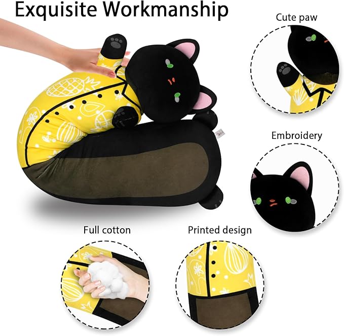 Long Cat Plush Body Pillow - Soft Plush Kitty-Shaped Cushion for Kids and Lovers (Black, 28")