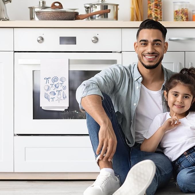 Coquette Blue Bow Seashell Beach Kitchen Towels, Preppy Blue Beach Hand Towels for Bathroom, Coastal Nautical Beachy Decorative Dish Tea Towels for Kitchen, 16x24 Inch