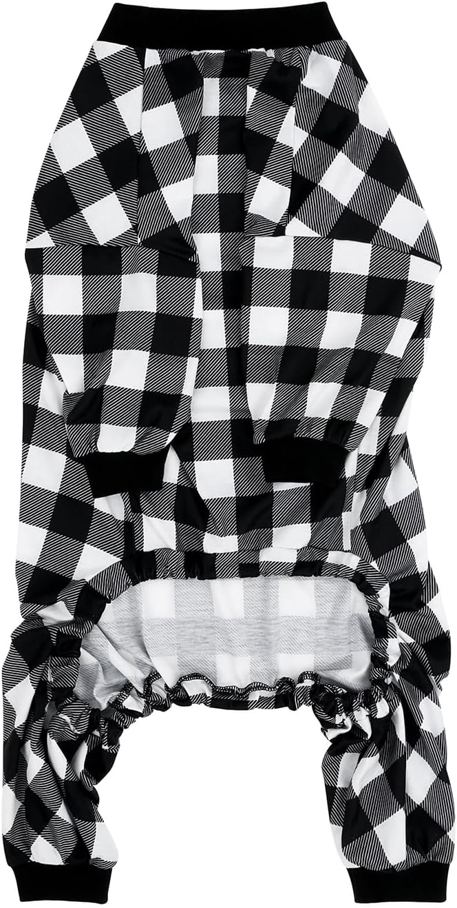 HDE Dog Pajamas One Piece Jammies Jumpsuit Pet Clothes Outfit Stretchy Lightweight Comfy Shirt Pjs for M-3XL Dogs Black & White Buffalo Plaid - 2XL