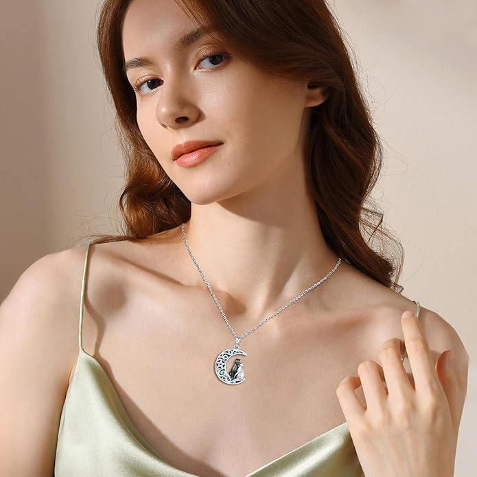 Odinstone Cat Necklace, S925 Sterling Silver Cat on Moon Pendant with Cubic Zirconia, Cat Jewelry Mothers Day Gifts for Mum with Gift Package - I Love You Forever