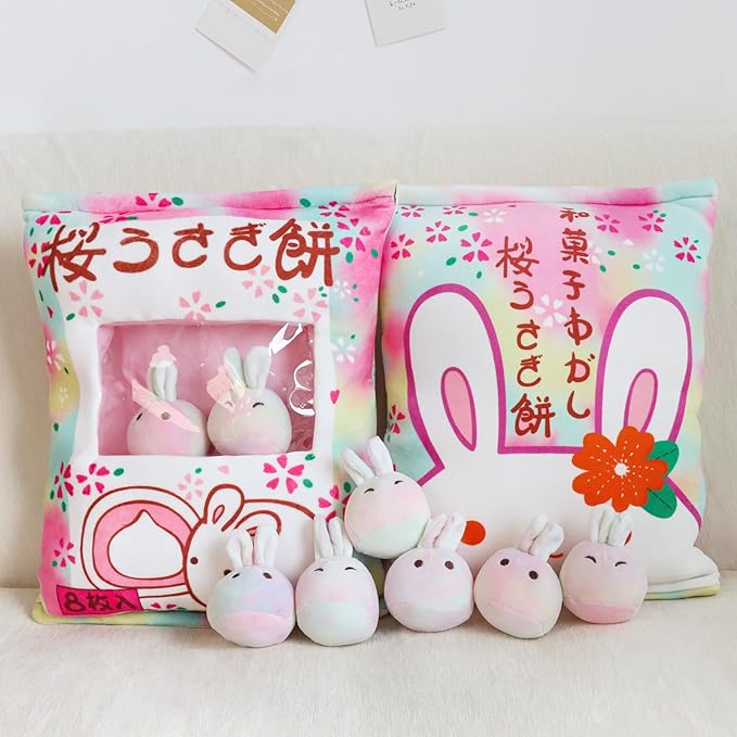 Cute Bunny Plush Pillow with Plushies, Stuffed Bunny Gift for Kids, Kawaii Rabbit Pudding Toy for Christmas (Colorful)