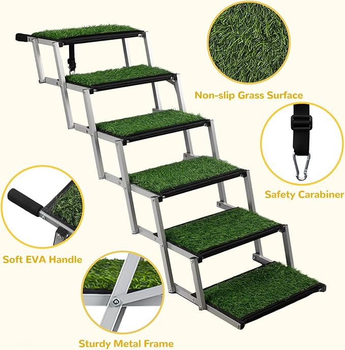 Dog Stairs for Car, Portable Folding Dog Ramps,Dog Steps for Large Dogs with Non-Slip Grass Rug for Cars, SUV, Trucks, Lightweight Pet Ramp Supports Up to 200 lb, 6 Steps