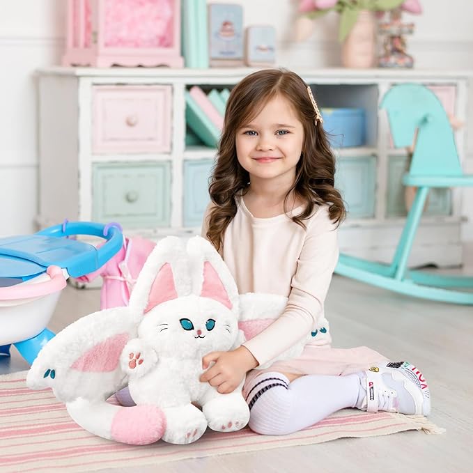 PEACH CAT Cute Bat Cat Plush Pillow Kawaii Bat Cat Stuffed Animal Toys for Kids White and Pink 12"