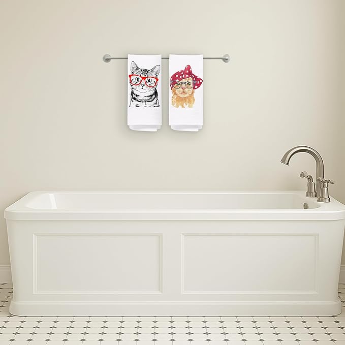Cat Kitchen Towels Set of 2, Cat Lovers Mom Owners Gifts for Women Hand Towels for Bathroom Decor, Funny Kitty Decorative Dish Tea Towels for Kitchen Decor, 16x24 Inches