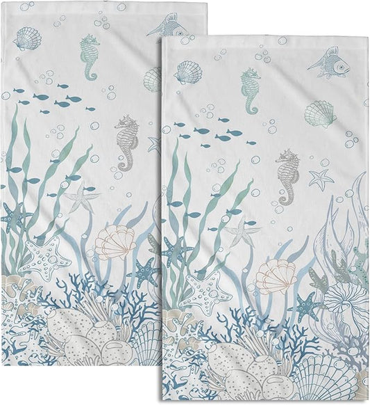 Nautical Coastal Hand Towels Set of 2 Coral Seahorse Decorative Fingertip Face Towels Kitchen Dishcloth for Bathroom Hotel Spa Decor Gift