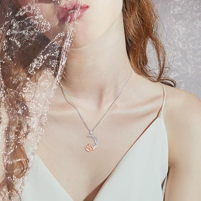 Diamond Black Cat/Red Panda/Sloth/Deer/Unicorn Necklace for Women 925 Sterling Silver Sleeping Animal and Moon Pendant with Lab Grown Diamonds Jewelry Gifts