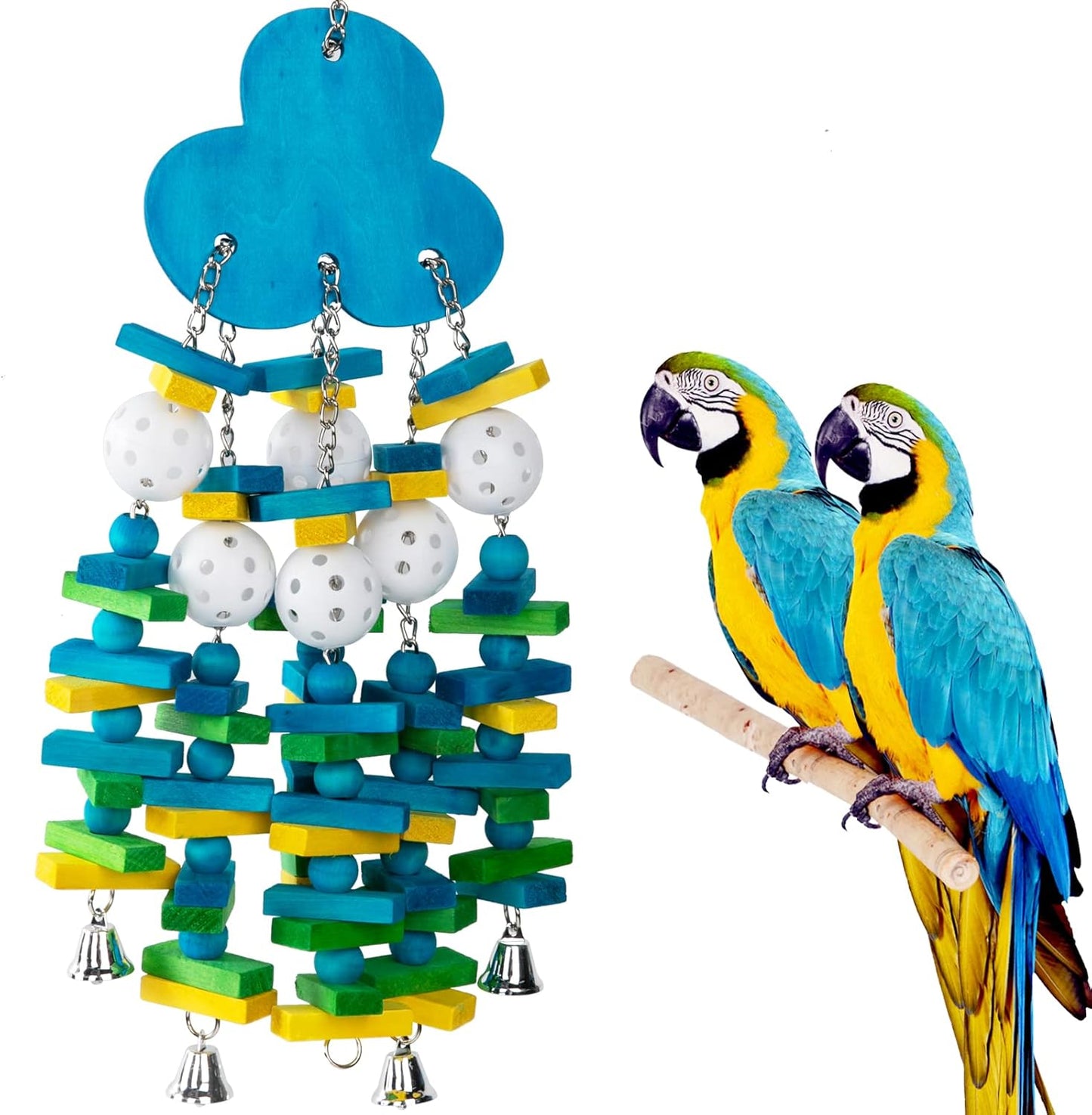 Parrot Toys for Large Birds, Parrots Chew Toy Gift with Colorful Wood Blocks and Bells for Macaws African Grey and Amazon Parrots (Blueberry Style)