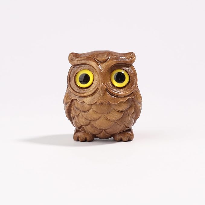 Owl Wooden Figurine,Handmade Art Carved Miniature Animal Garden Statue Collectible,Gift Holiday Home Decor,for Office, Desktop, Bedroom, Living Room, Bookshelf Decoration