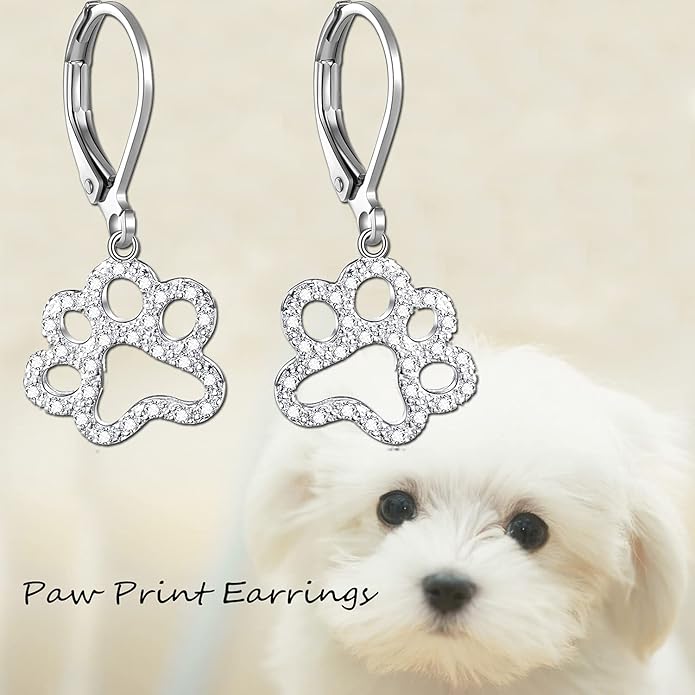 Paw Print Earrings Sterling Silver Leverback Dog Paw Earrings Puppy Paw Drop Dangle Earring for Women Girls