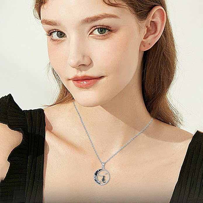 Odinstone Cat Necklace, S925 Sterling Silver Cat on Moon Pendant with Cubic Zirconia, Cat Jewelry Mothers Day Gifts for Mum with Gift Package - I Love You Forever
