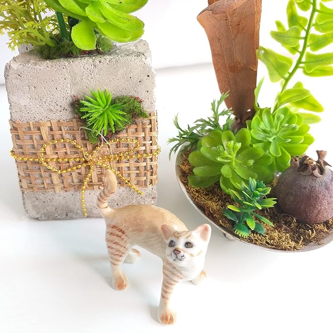 Cat Porcelain Figurine Ceramic Stretching Kitten Small Pet Kitty Collectible Miniature Dollhouse Hand Painted Animal Interested Feeling Gift Decor Calico Brown Tabby, 2.5 x 1 x 2 in (W-L-H)