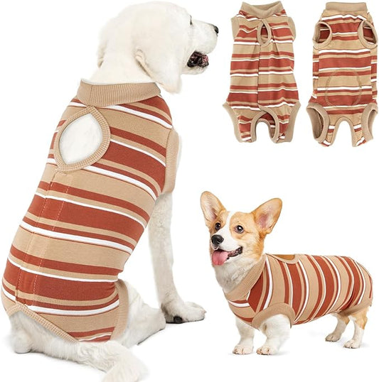 Lukovee Recovery Suit for Dogs, Onesie Surgery Recovery Suit for Female Male Dogs, Abdominal Wounds Cone E-Collar Alternative Prevent Licking Spay Recovery Suit (Brown Stripes,S)