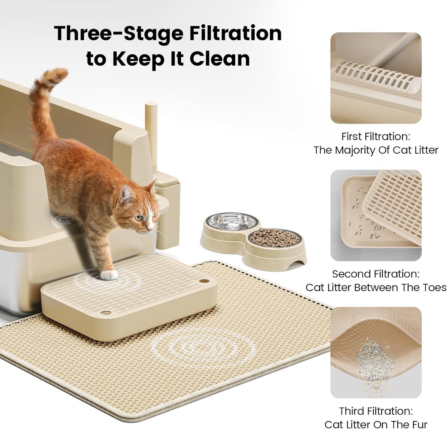 Stainless Steel Cat Litter Box - Enclosed XL Metal Kitty Litter Box with Lid for Big Cats, High Sided, Anti-Leakage, Easy Cleaning, Non-Sticky, Included Spoon & Aisle (Khaki)