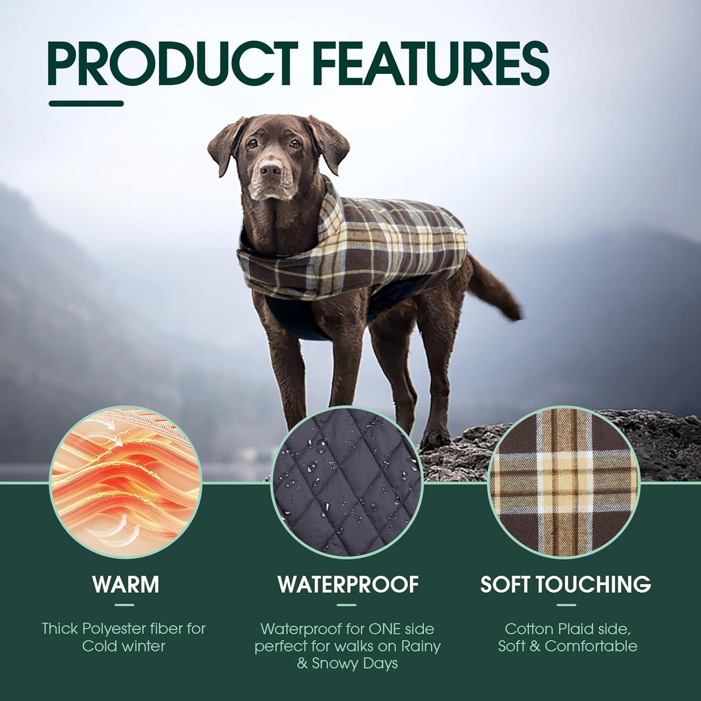Kuoser Waterproof Dog Coat, Reversible Dog Jacket for Medium Dogs, Adjustable Durable Doggie Winter Coat Warm Puppy Cold Weather Apparel from Small to Large Breed, New Brown M