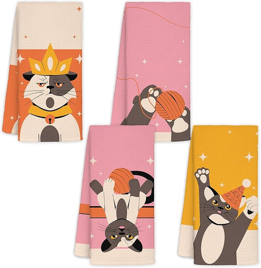 Trendy Siamese Cat Kitchen Towels Set of 4, Funny Cat Mom Lady Lovers Gifts Dish Towels for Kitchen Decor, Funny Kitten Hand Townes for Bathroom Decor, 16x24 Inch