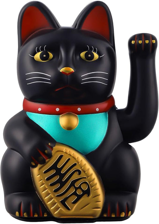 Gold/Black/White Maneki Neko Lucky Cat,Fengshui Cat- Waving Arm Battery Operated for Fortune Money and Good Luck (Black, 5 in)