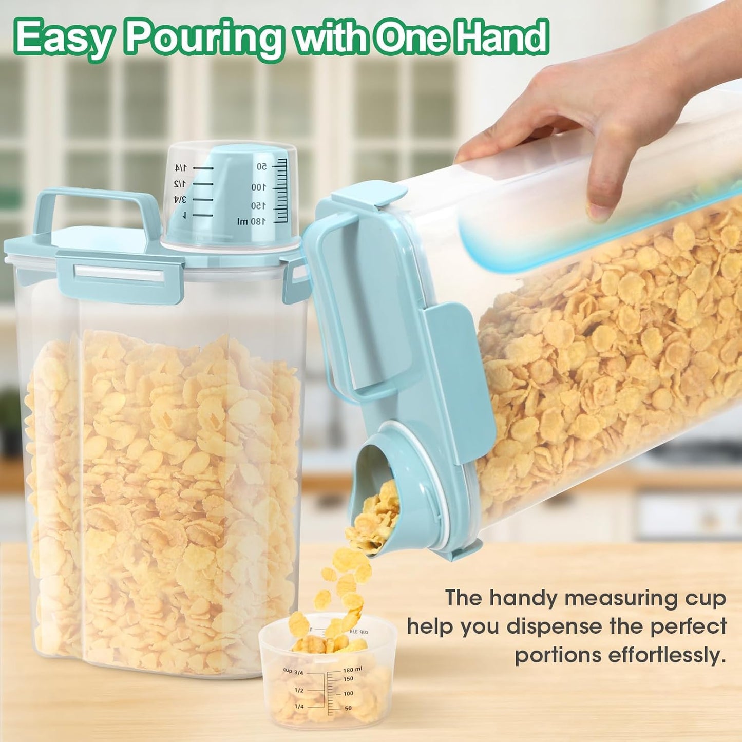 TBMax Rice Container 2 Pack, Airtight Cereal Container Oatmeal Storage with Easy-pouring Spout & Handy Cup for Flour Grain Beans, Pet Dog Cat Bird Food Storage Dispenser-Sky Blue