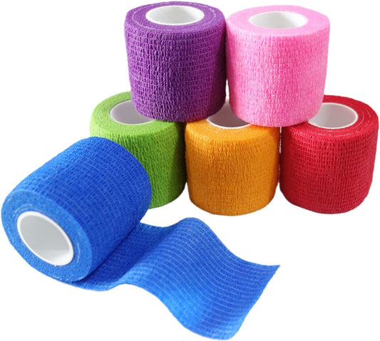 6 Pack 2" x 5 Yards Self Adhesive Bandage Wrap Breathable Cohesive Vet Wrap for Pets, Elastic Self-Adherent Tape for Sports, Wrist, Ankle (Mixed Colors)