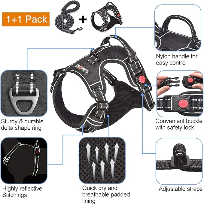 No Pull Dog Harness Adjustable Reflective Oxford Easy Control Medium Large Dog Harness with A Free Heavy Duty 5ft Dog Leash (XL (Neck: 21.5"-33", Chest: 30"-39.5"), Black Harness+Leash)