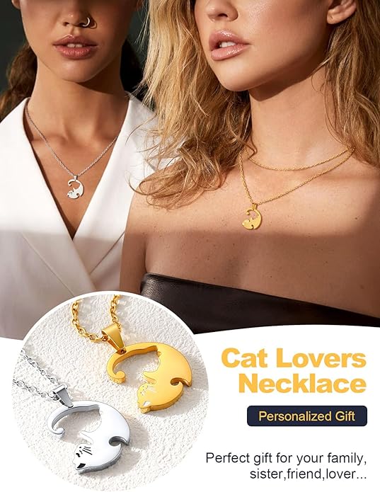 U7 Cat Pendant Necklace for Women Stainless Steel Cute Kitty Cat Jewelry Gift