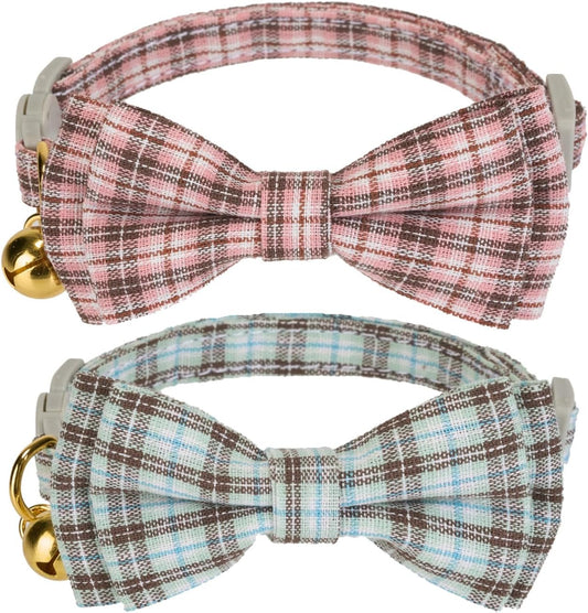 2 Pack Soft Cotton Cat Collars with Bowtie and Bell Breakaway Plaid Cat Kitten Collar(Pink and Jade Green)
