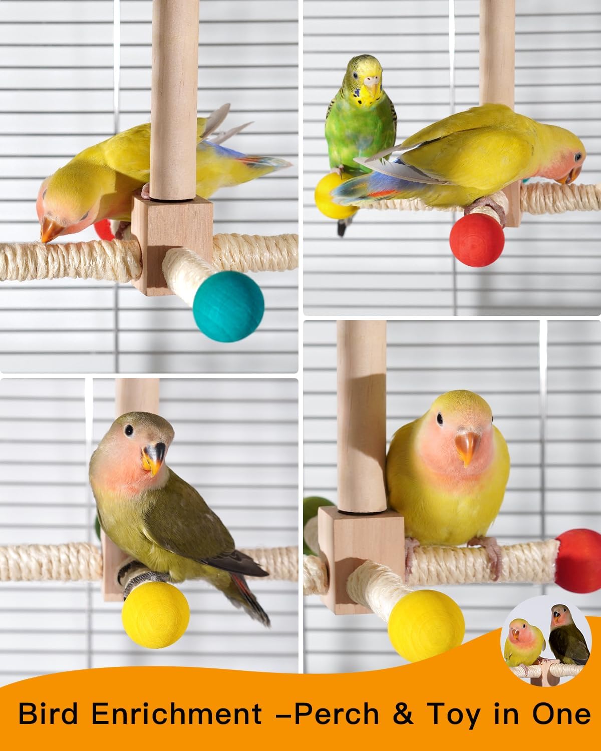 Bird Stand Perch Toy, 360° Wooden Spinning Toy for Parrots, Fun Cage Toy Accessory, Suitable for Budgies, Cockatiels, Lovebirds, Parakeets, Finches and Other Small to Medium Birds