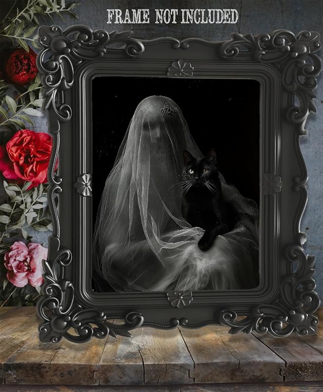 Ghost with a Black Cat Halloween Poster - Dark Academia Gothic Home Decor, Eerie Mystery Figure Art Print for Halloween Enthusiasts and Unique Wall Art Collectors (Stretched Canvas, 18" x 24")