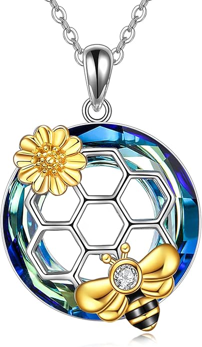 LUHE Bee Necklace 925 Sterling Silver Honeycomb Cute Flower Pendant Necklaces for Women Gifts for Her Women