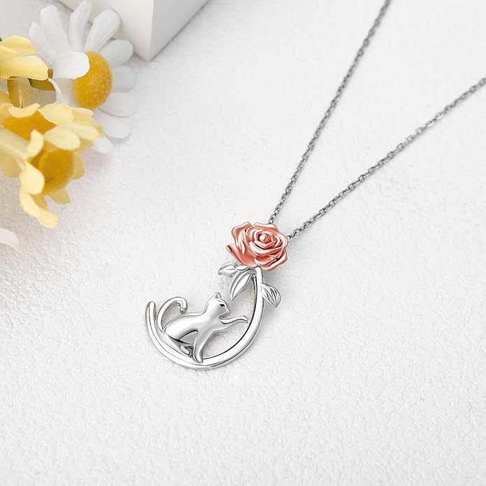 URONE Cat Necklace 925 Sterling Silver Cat Pendants Necklace Animals Jewelry Gifts For Women