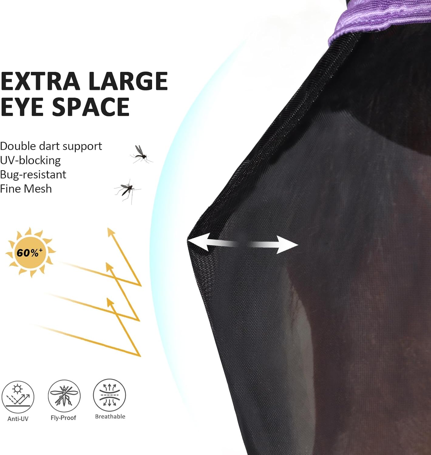 Harrison Howard Pro Luminous Horse Half Face Fly Mask Large Eye Space with Ears UV Protection for Horse Gentle Lavendar XL