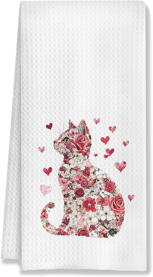 Floral Cat Kitchen Towels, Cat Lovers Gifts Hand Towels for Bathroom, Kitchen Bathroom Decor, 16x24 Inch