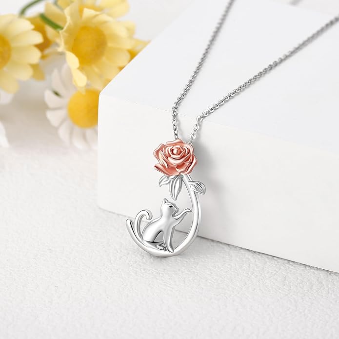 URONE Cat Necklace 925 Sterling Silver Cat Pendants Necklace Animals Jewelry Gifts For Women