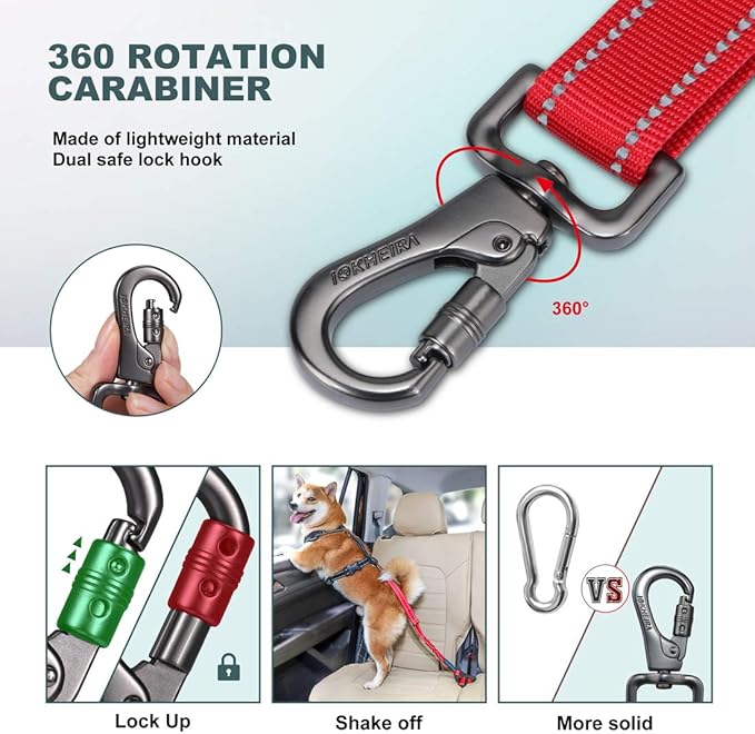 IOKHEIRA Dog Seat Belt 3-in-1 Car Harness for Dogs Adjustable Safety Seatbelt for Car Durable Nylon Reflective Bungee Fabric Tether with Clip Hook Latch & Buckle, Swivel Zinc Alloy Carabiner Red