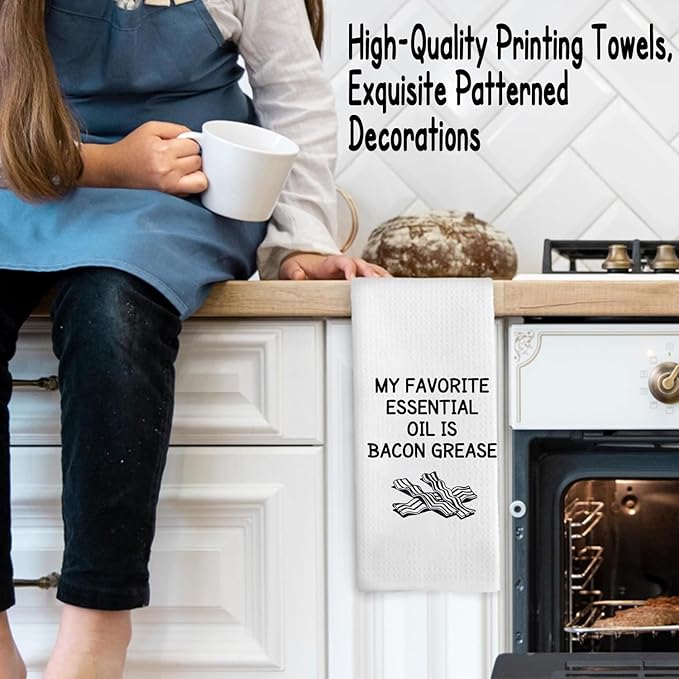 Funny Kitchen Towels Decor Housewarming Gifts, Bacon Grease Themed Gifts Kitchen Bathroom Decor Towels 16″×24″, Fun Kitchen Towels, My Favorite Essential Oil: Bacon Grease