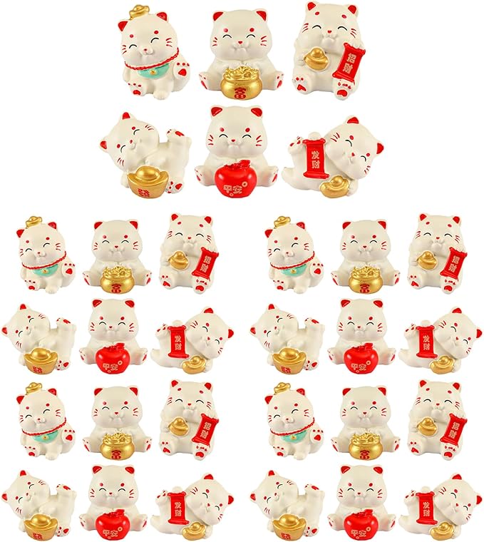 LOGOFUN 30pcs Miniature Lucky Cat Figurines Mini Fortunate Figure Small Resin Cat Animal Statues for 2025 Chinese New Year Home Office Tabletop Decorations