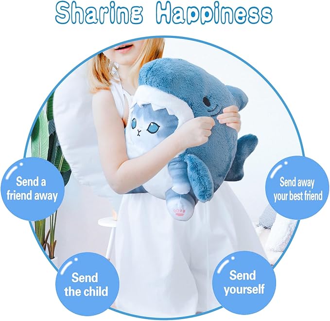Kawaii Shark Cat Plush Toy Stuffed Animal Doll, Cute Soft Pillow Stress Release Hugs Toys Christmas Halloween Birthday Gifts for Kids Boys Girl Best Gift (Blue - Grey,15 inch)