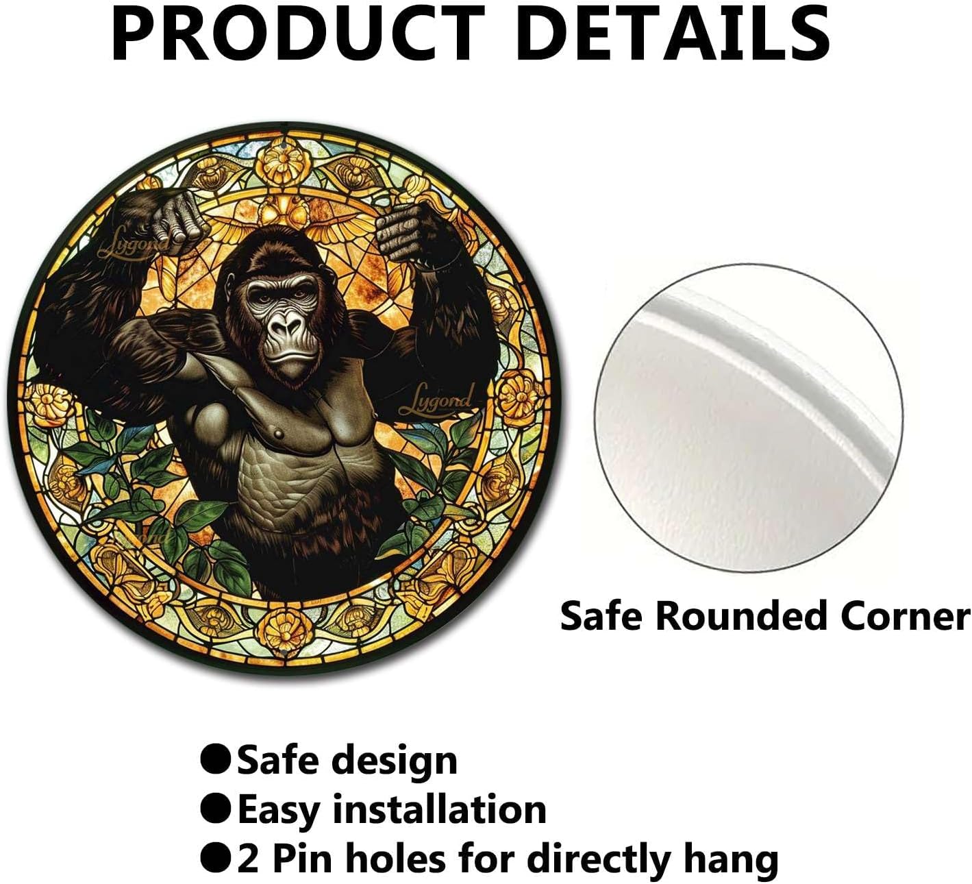 Lygond Metal Sign Tin Sign Circular Stained Glass Gorilla Sign For Garden For Pet 8×8 Inches