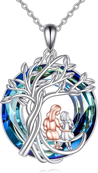 Tree of Life Necklace Sterling Silver Sister Pendant Blue Crystal Jewelry Gift for Women