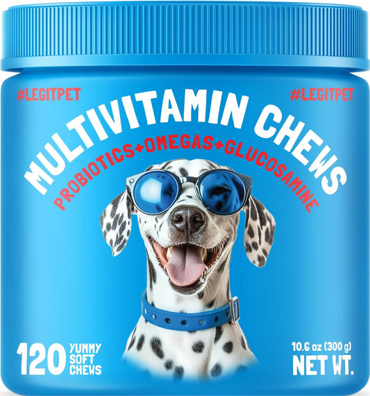 Dog Vitamins - 120 Multivitamins Chews w/Glucosamine Chondroitin, Probiotics Digestive Enzymes and Omegas - Supplement for Overall Health - Joint Support, Immune Health, Skin and Heart Health