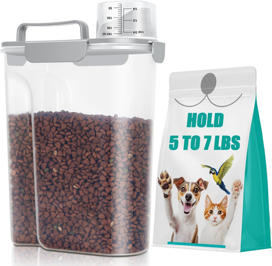 TBMax Dog Cat Food Storage Container 5 to 7 lbs, Airtight Pet Food Dispenser with Easy-Pouring Spout & Measuring Cup, Portable Kibble Container for Travel Dog Food Storage