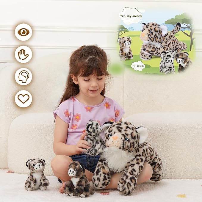 MorisMos Cheetah Stuffed Animal with Babies for Girl Kid,18'' Large Mommy Cheetah with Cub Plushies,Mama and Baby Leopard Stuffed Animal Plush Toys,Realistic Leopard Toy Gifts for Birthday Party Decor