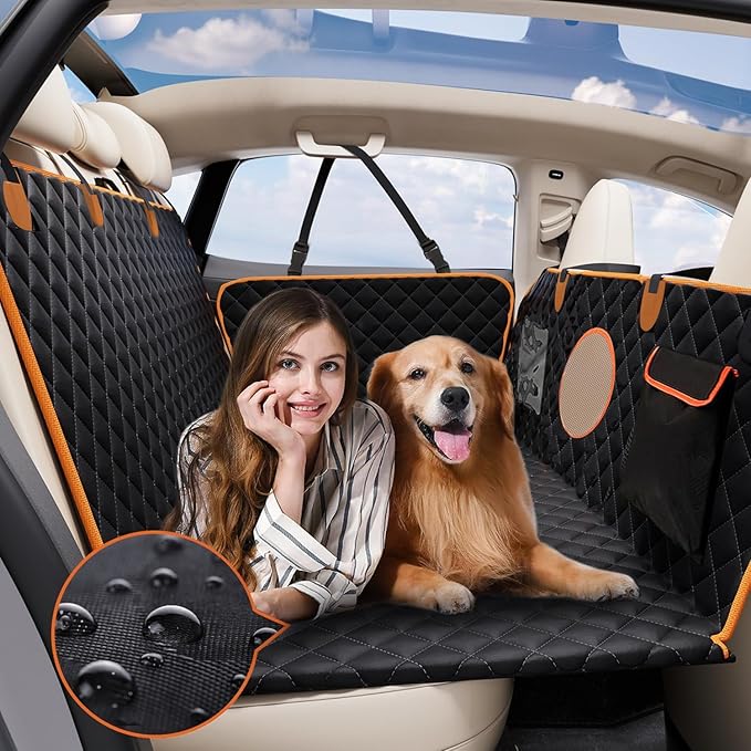 Dog Car Seat Cover for Back Seat, Hard Bottom Back Seat Extender for Dogs, Holds 420lbs, Waterproof Pet Hammock Protector, Thick and Durable Dog Seat Cover for Truck, Car, SUV-Black