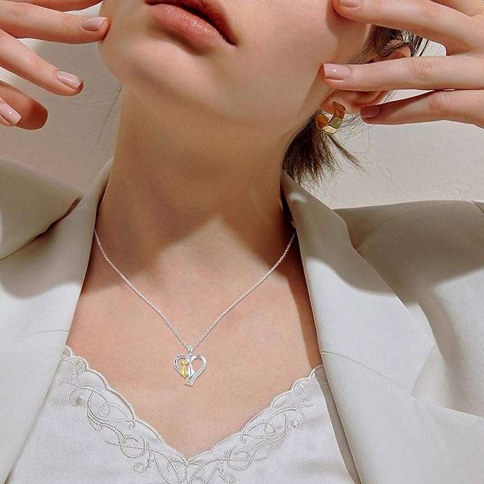 CHENGHONG Cat Necklaces 925 Sterling Silver Jewelry Cute Double Two-Tone Cat Pendant Cubic Zirconia Necklace I love you forever for Cat Lover Jewelry Gifts for Women
