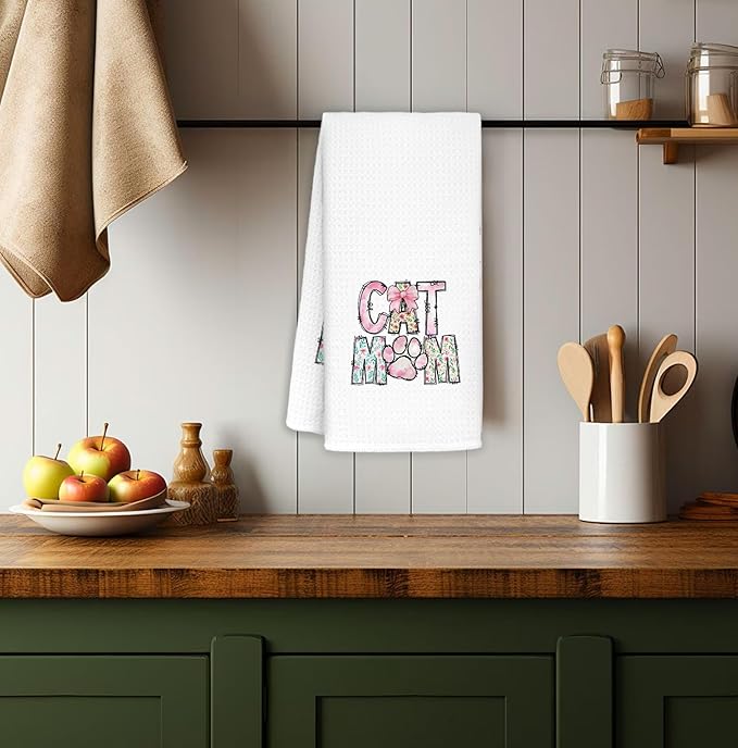 Cat Mom Kitchen Towels Decorative, Cat Mom Lady Lovers Gifts for Women Dish Towels, Pet Lover Gifts Hand Towels Drying Cloth for Kitchen Bathroom Decor, 16x24 Inch