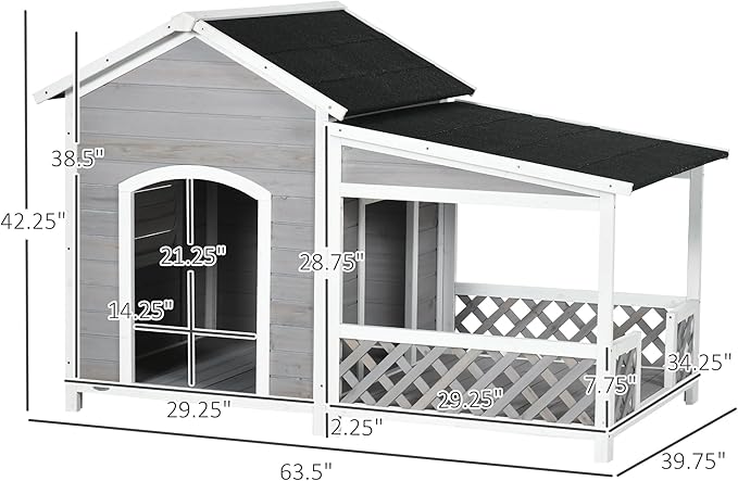 PawHut Wooden Dog House Outdoor with Porch, Cabin Style Raised Dog Shelter with Asphalt Roof, Doors, and Shutter Window, for Medium Large Sized Dog, Light Gray