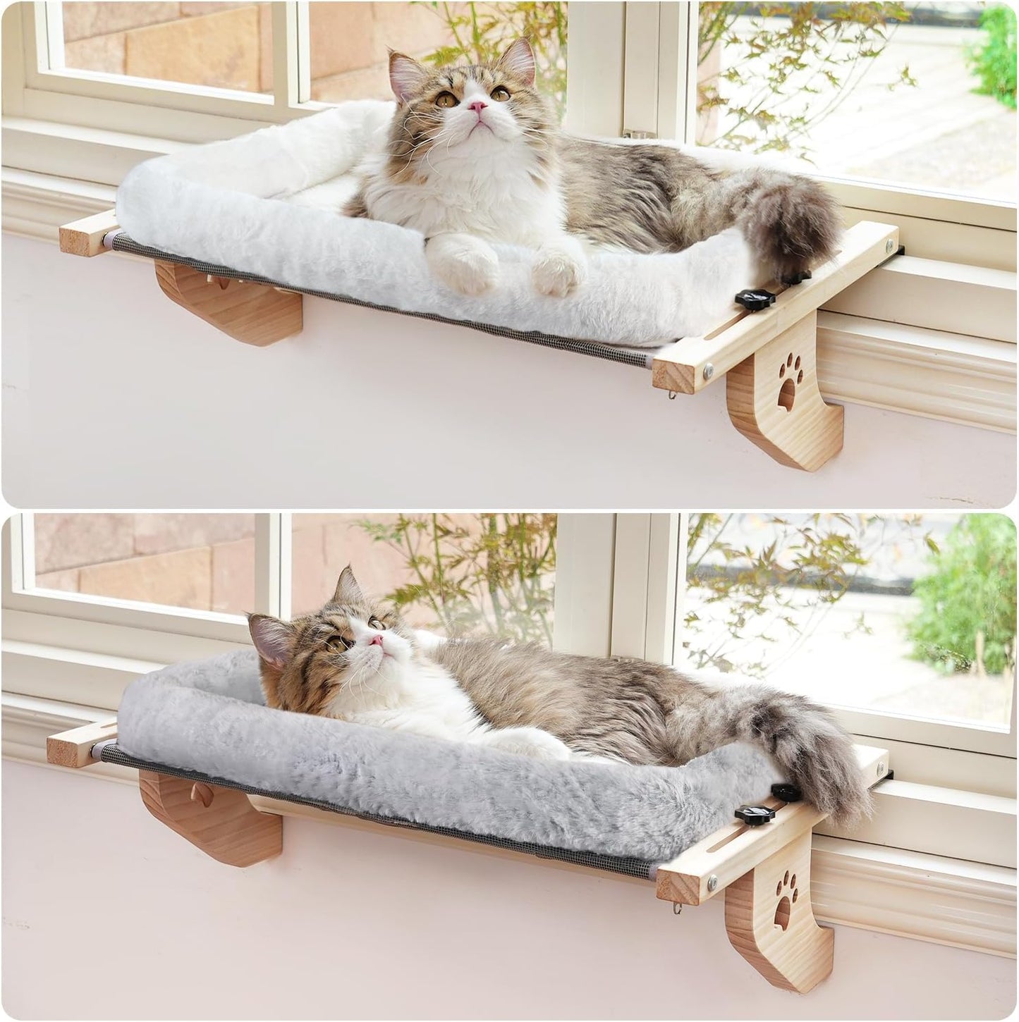 AMOSIJOY Cat Sill Window Perch Sturdy Hammock Window Seat with Cushion Bed Cover, Wood & Metal Frame for Large Cats, Easy to Adjust Cat Bed for Windowsill, Bedside, Drawer and Cabinet (M)