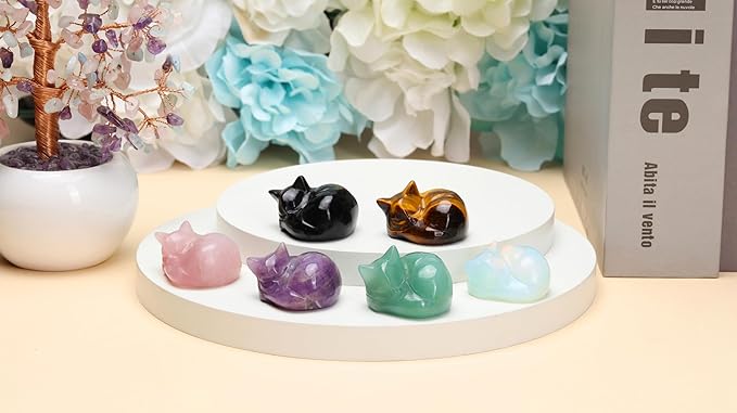 Top Plaza 1.6" Opalite Cat Crystal Statue Cute Sleeping Cat Figurine Polished Carved Gemstones Sculpture Home Office Desk Decor Balancing Meditation Crystal Gifts for Women Cats Lover