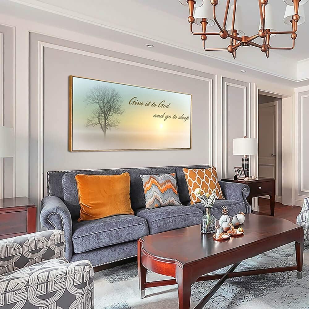 Lasdel Natural Extra Framed Canvas Wall Art of Misty Sunset & Tree Plant Picture For Bedroom Home Above Bed,White Country Wood Sign For Bathroom,Give It To God & Go to Sleep Artwork Decor,30x60