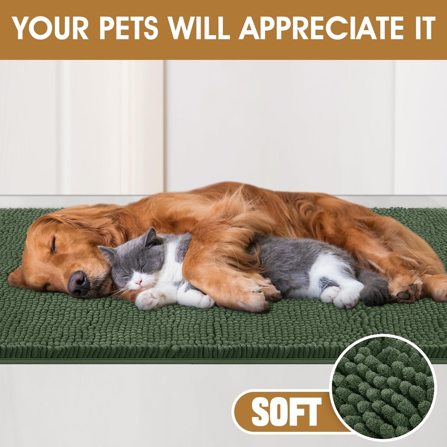 Extra Large Dog Door Mats for Muddy Paws, Chenille Absorbent Dog Mats, Non Slip Heavy Mud Mat for Dogs, Soft Pet Mat for Entryway, Mud Paws, Inside Floor,60" x 36", Olive