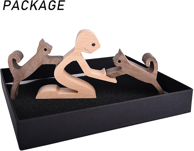 Cat Figurines Home Decor Nature Wood Carved a Man Two Cats Sculpture